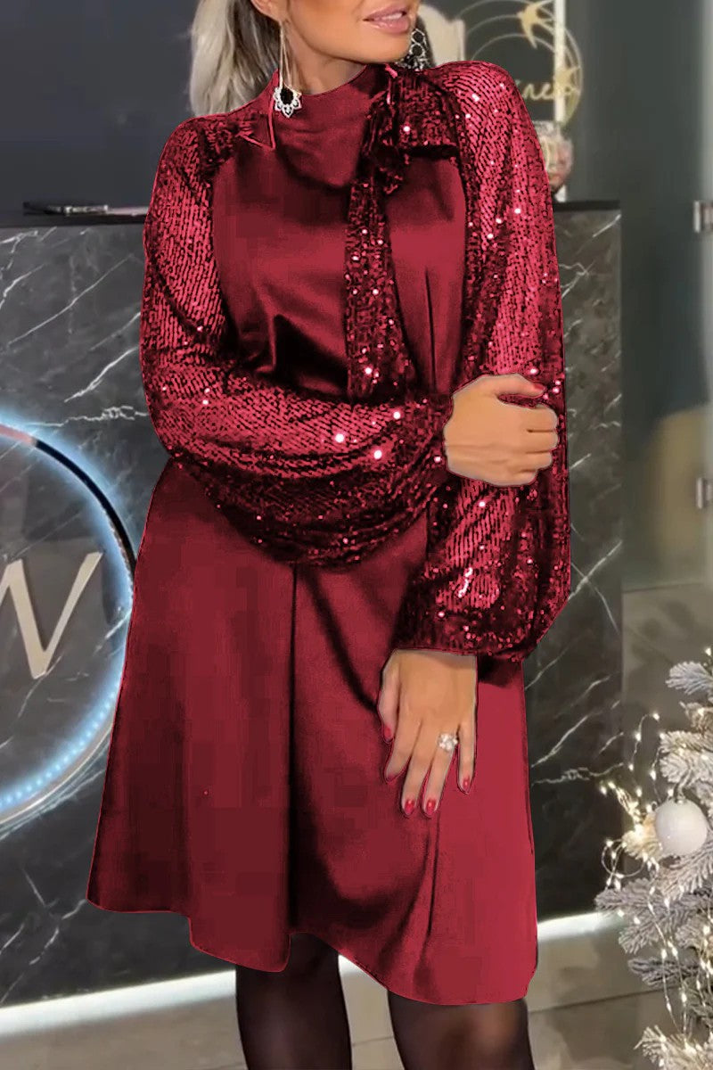 Women's Sequin Dress with High Neck & Long Sleeves | Mini