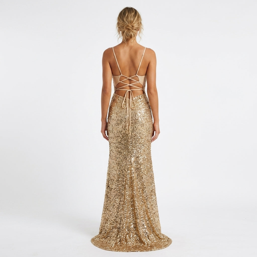 Women's Sequin Dress with V-Neck & Leg Slit | Evening Maxi