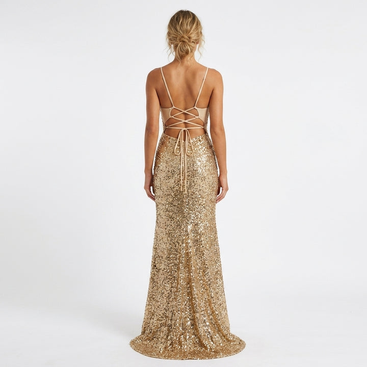 Women's Sequin Dress with V-Neck & Leg Slit | Evening Maxi