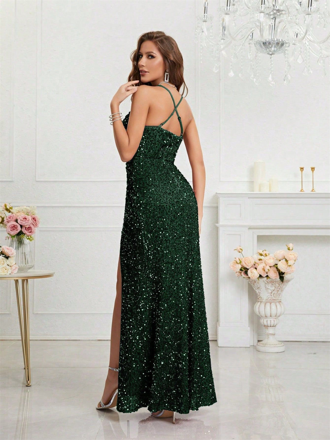 Women's Sequin Dress with V-Neck & Leg Slit | Maxi