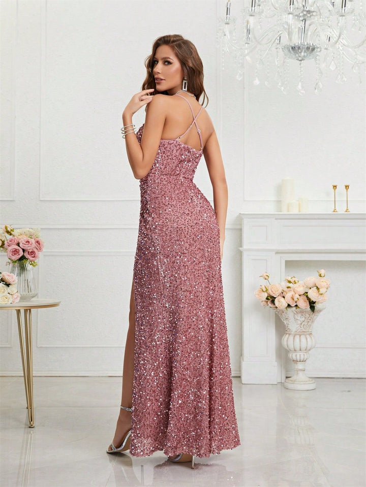 Women's Sequin Dress with V-Neck & Leg Slit | Maxi
