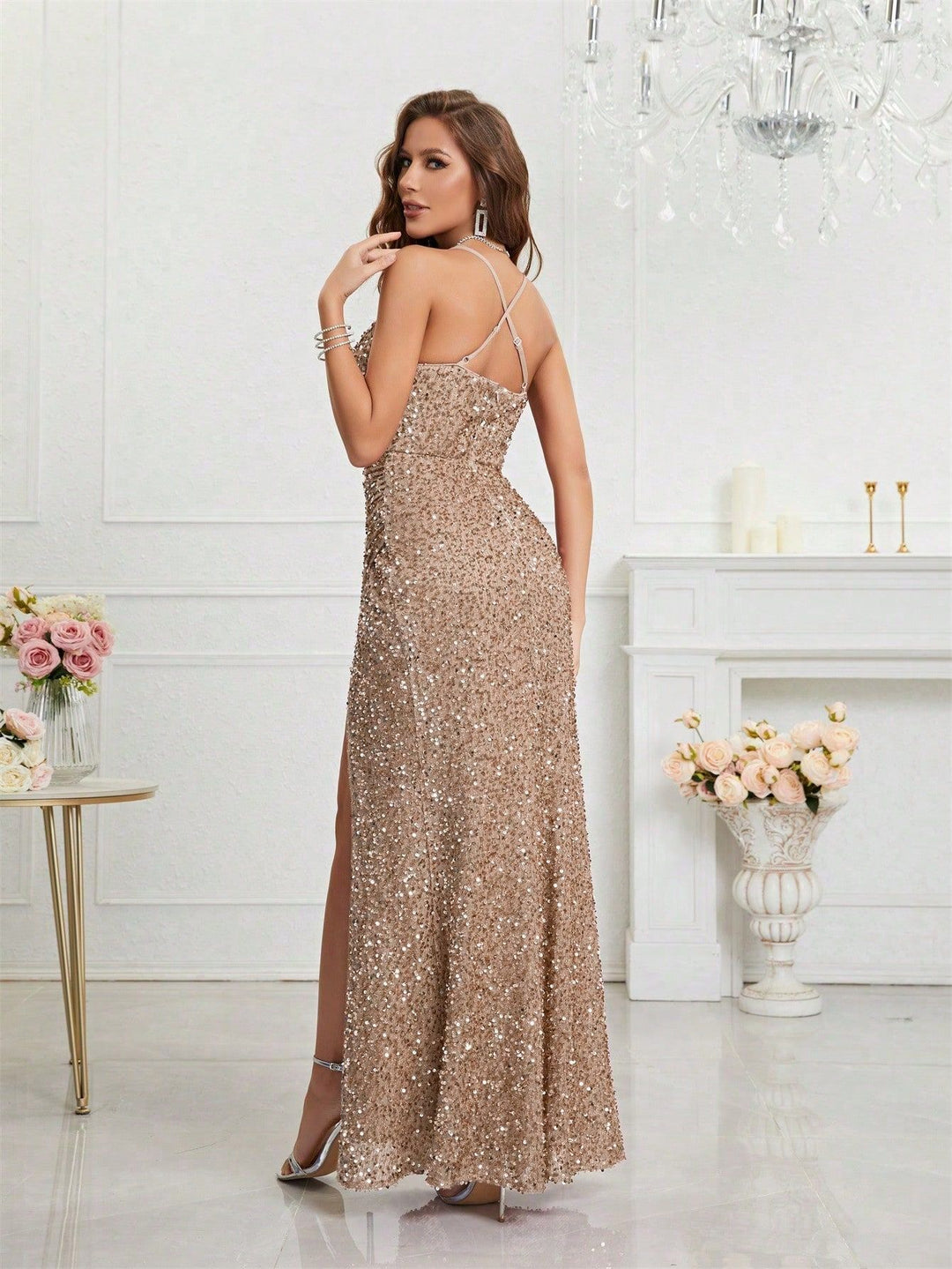 Women's Sequin Dress with V-Neck & Leg Slit | Maxi