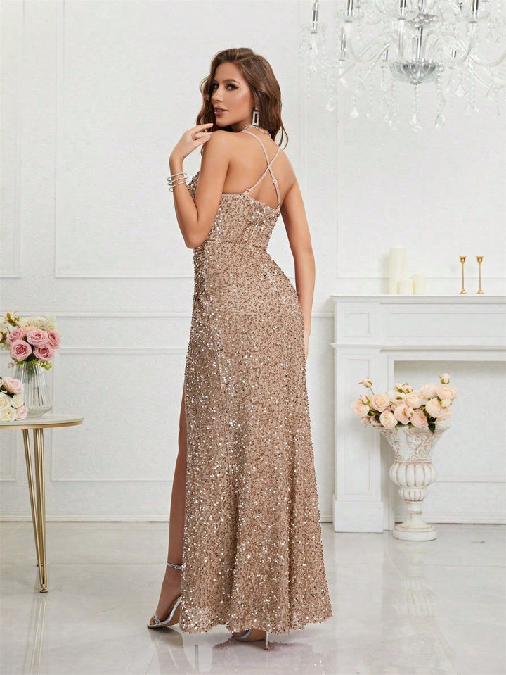 Women's Sequin Dress with V-Neck & Leg Slit | Maxi