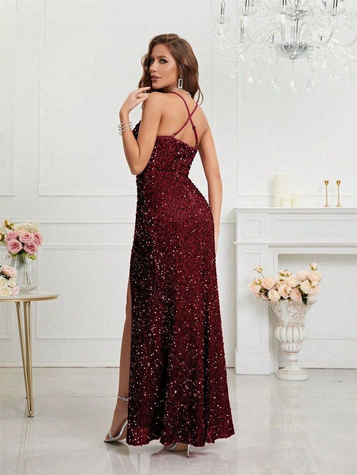 Women's Sequin Dress with V-Neck & Leg Slit | Maxi