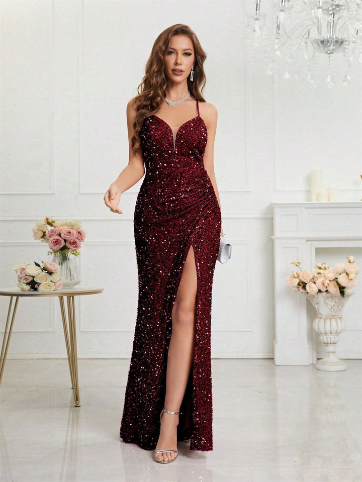 Women's Sequin Dress with V-Neck & Leg Slit | Maxi