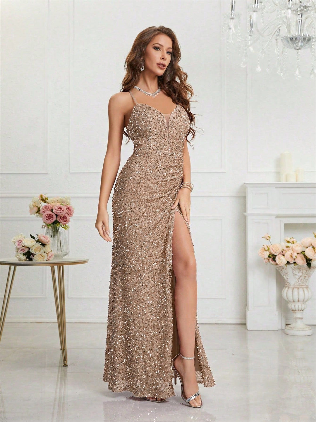 Women's Sequin Dress with V-Neck & Leg Slit | Maxi