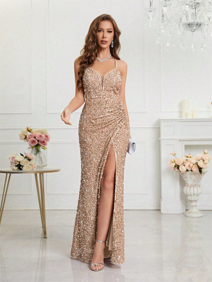 Women's Sequin Dress with V-Neck & Leg Slit | Maxi