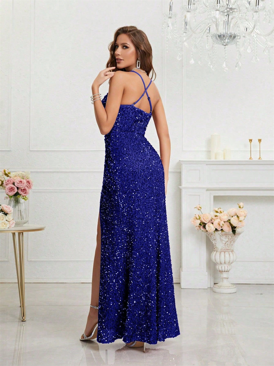 Women's Sequin Dress with V-Neck & Leg Slit | Maxi