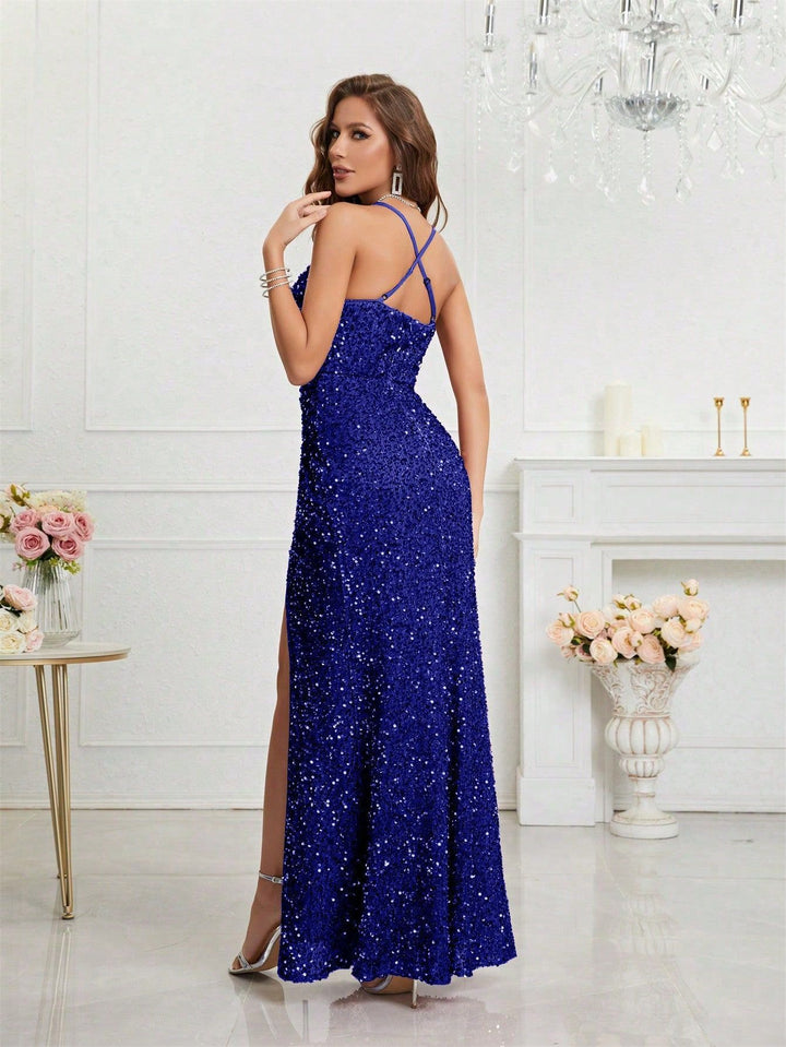 Women's Sequin Dress with V-Neck & Leg Slit | Maxi