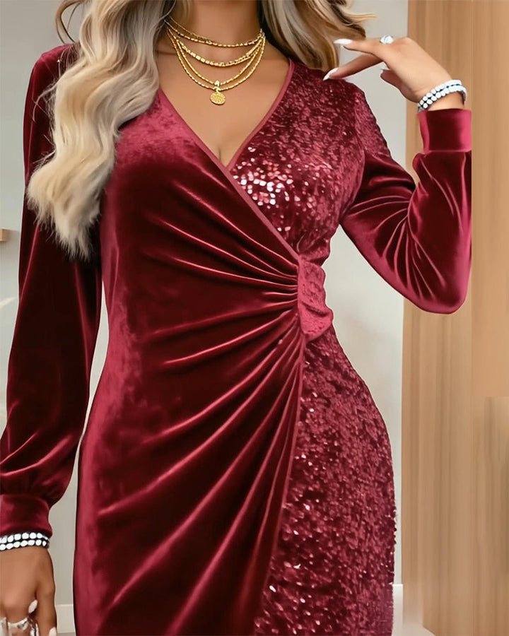 Women's Sequin Dress with V-Neck & Ruched Waist | Mini