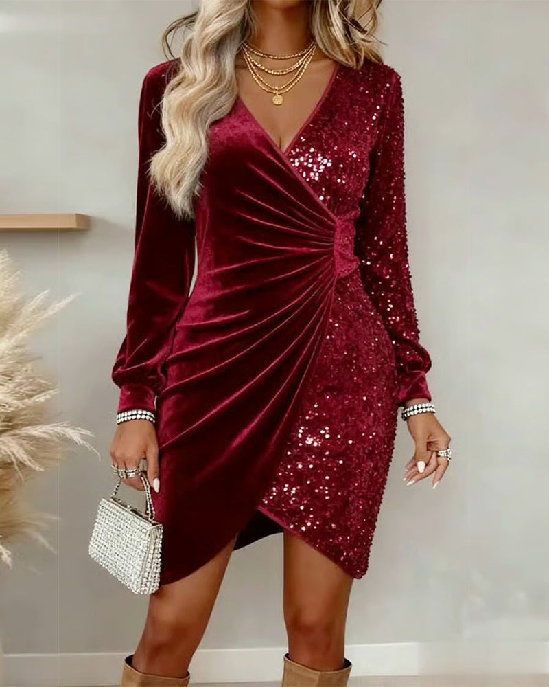 Women's Sequin Dress with V-Neck & Ruched Waist | Mini