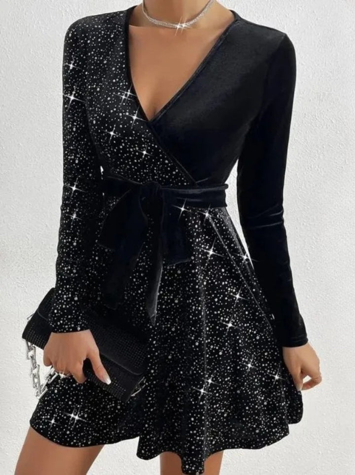 Women's Sequin Dress with Wrap V-Neck & Tie Waist | Mini