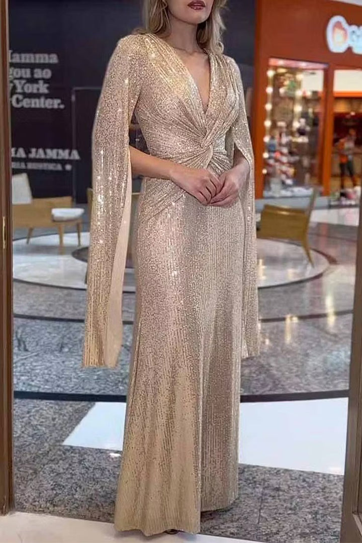 Women's Sequin Formal Dress with V Neck | Maxi Evening