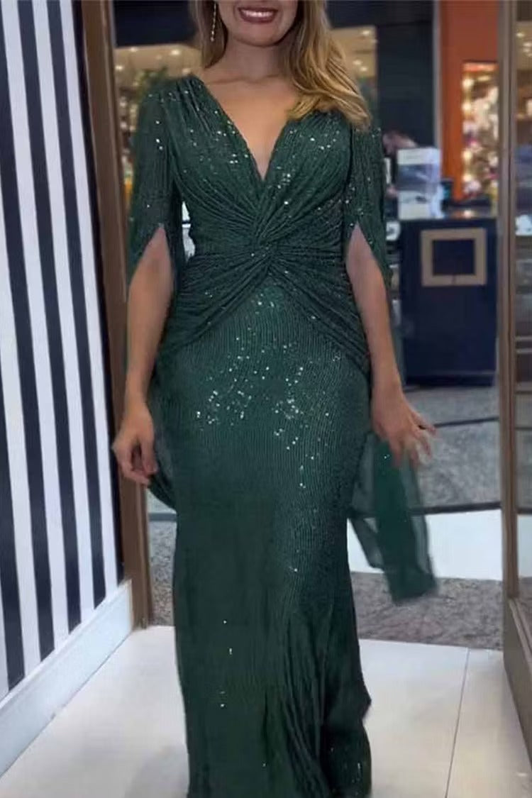 Women's Sequin Formal Dress with V Neck | Maxi Evening