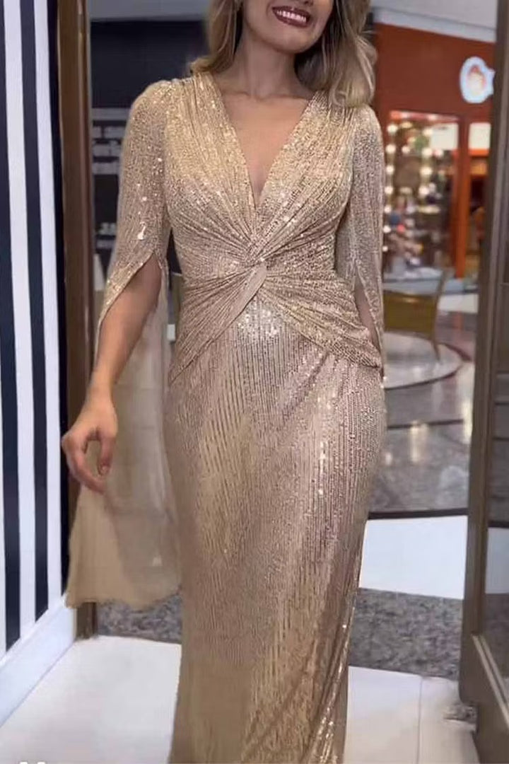Women's Sequin Formal Dress with V Neck | Maxi Evening