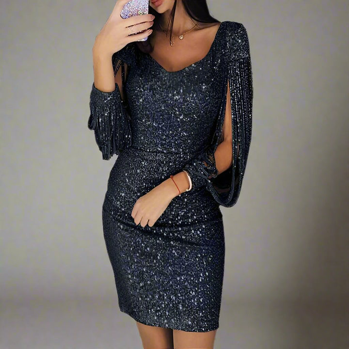 Women's Sequin Party Dress with Fringe Sleeve | Mini