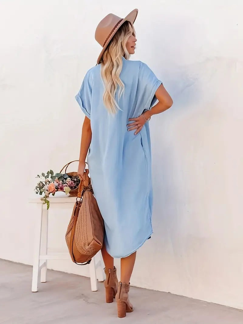 Women’s Shirt Dress Midi with Button Front & Pockets | Casual
