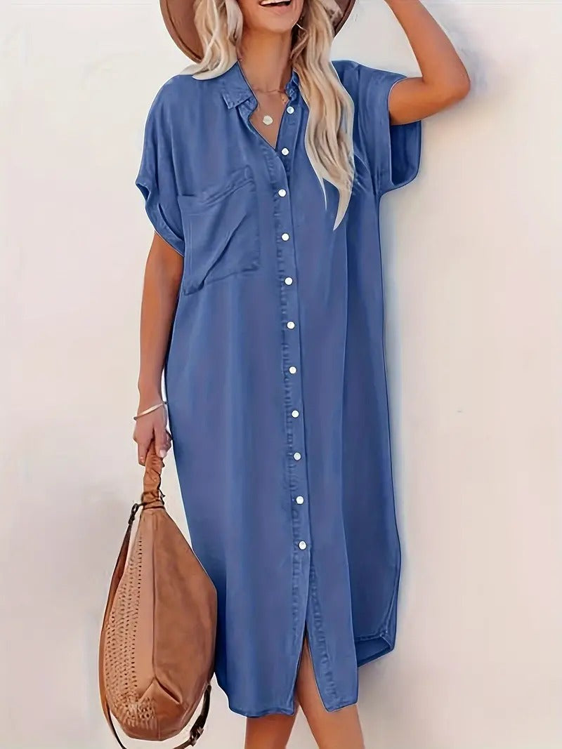 Women’s Shirt Dress Midi with Button Front & Pockets | Casual