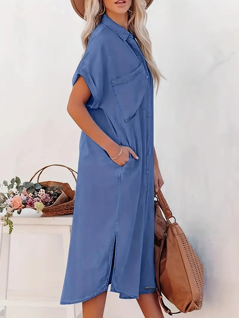 Women’s Shirt Dress Midi with Button Front & Pockets | Casual