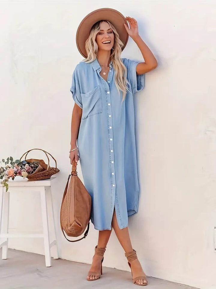 Women’s Shirt Dress Midi with Button Front & Pockets | Casual
