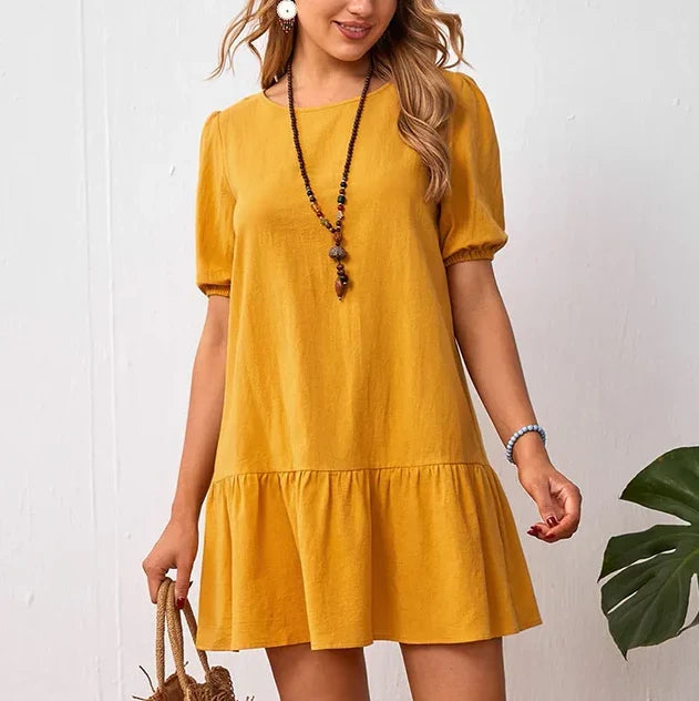 Women’s Shirt Dress Mini with Puff Sleeves & Hem Ruffle | Casual