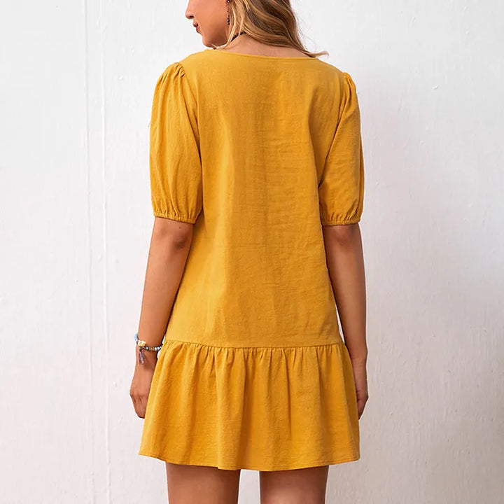 Women’s Shirt Dress Mini with Puff Sleeves & Hem Ruffle | Casual