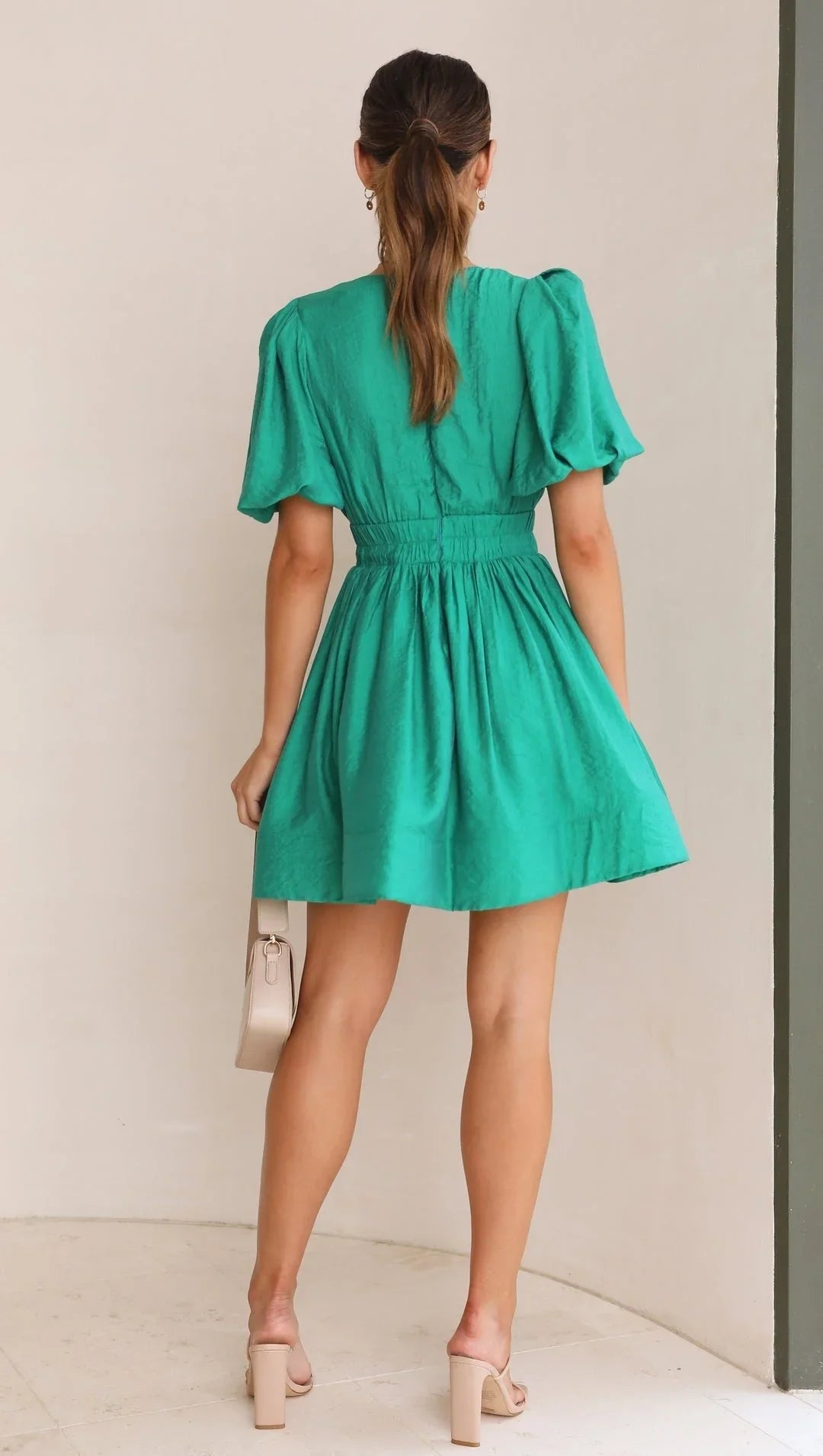 Women’s Shirt Dress Mini with Puff Sleeves & V-Neck | Casual