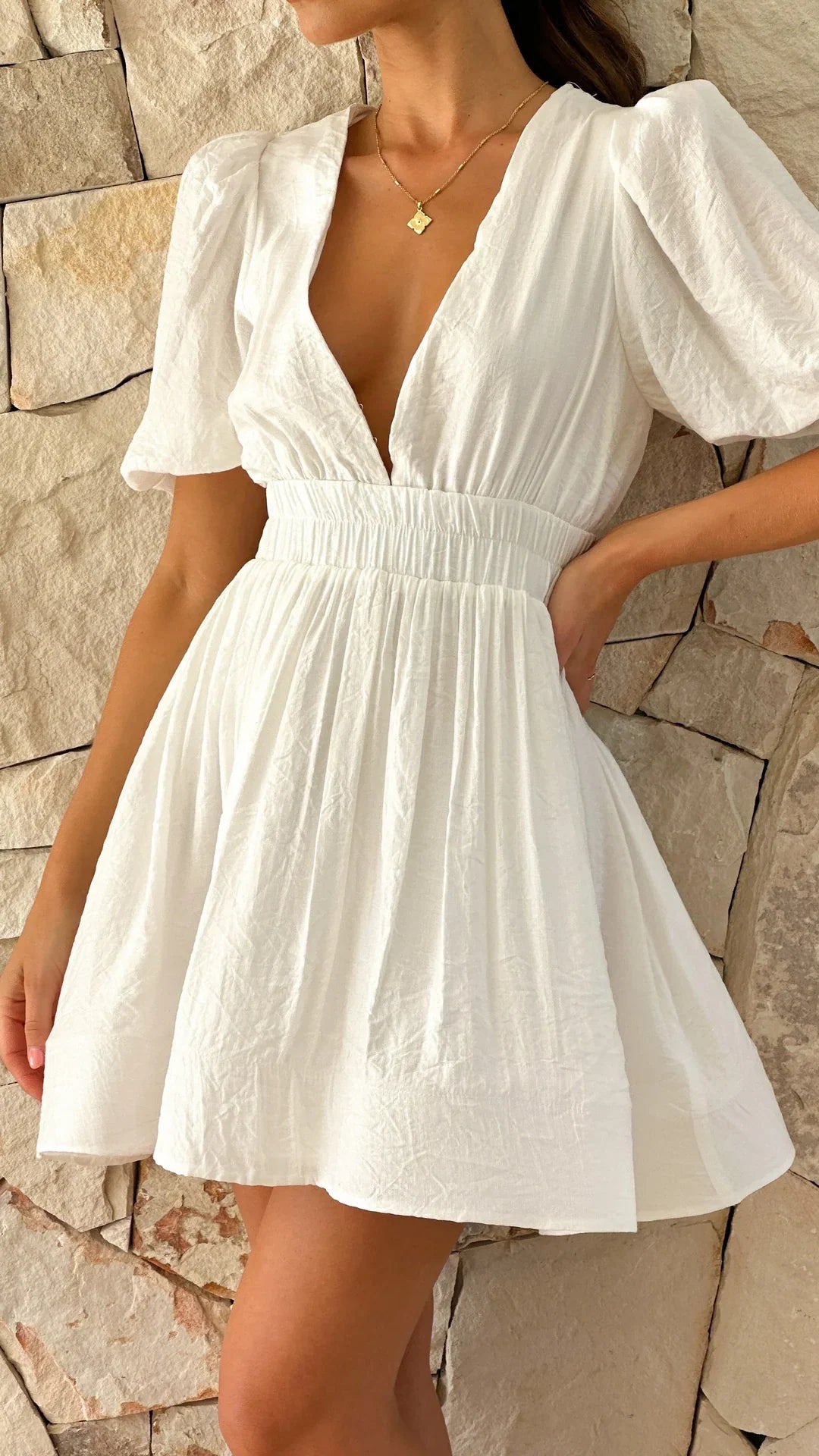 Women’s Shirt Dress Mini with Puff Sleeves & V-Neck | Casual