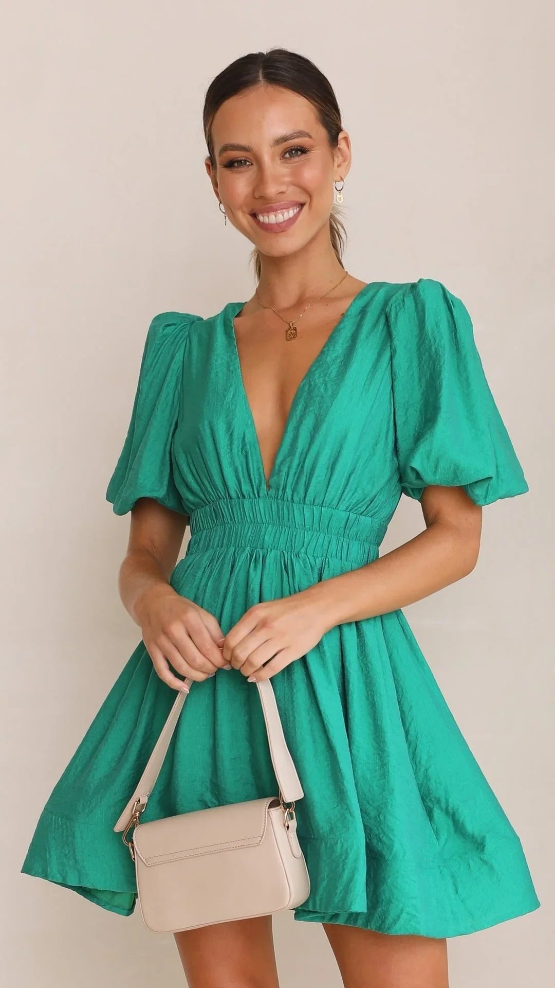 Women’s Shirt Dress Mini with Puff Sleeves & V-Neck | Casual