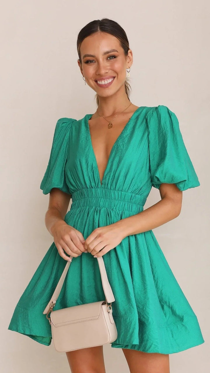 Women’s Shirt Dress Mini with Puff Sleeves & V-Neck | Casual