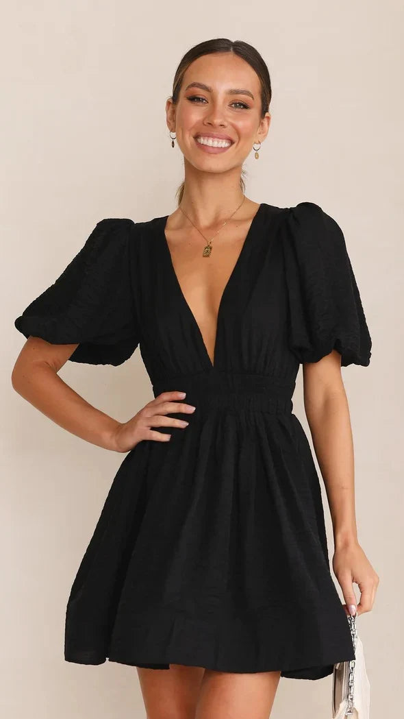 Women’s Shirt Dress Mini with Puff Sleeves & V-Neck | Casual