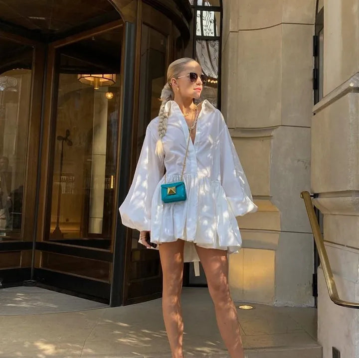 Women's Shirt Dress with Balloon Sleeve & Collared | Mini