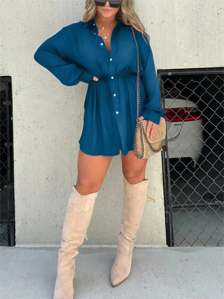 Women’s Shirt Dress with Button Front & Drawstring Waist | Mini