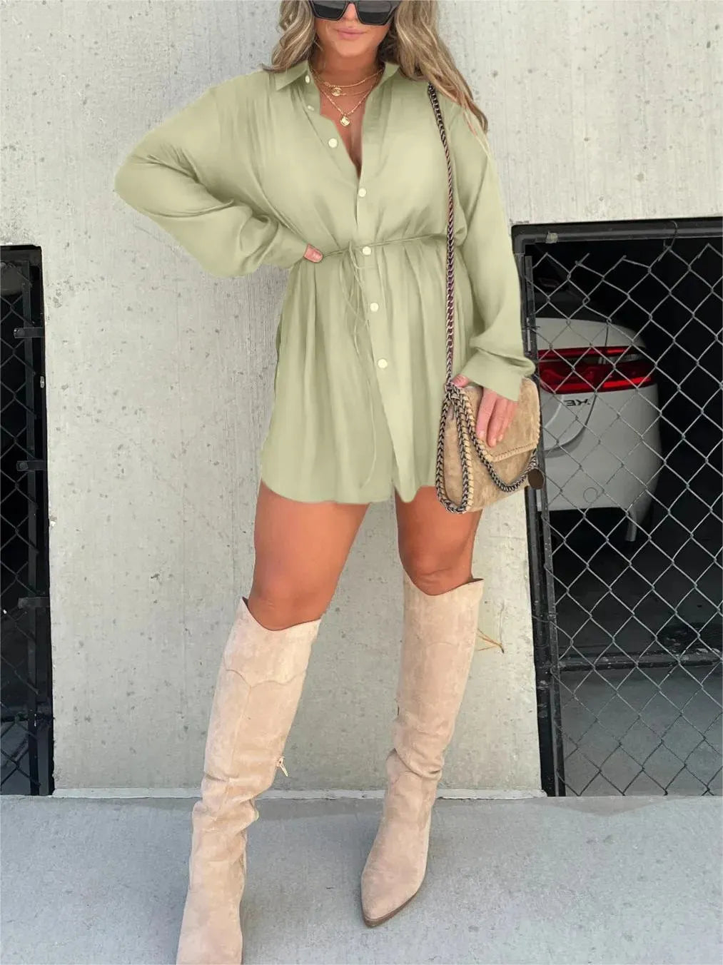 Women’s Shirt Dress with Button Front & Drawstring Waist | Mini