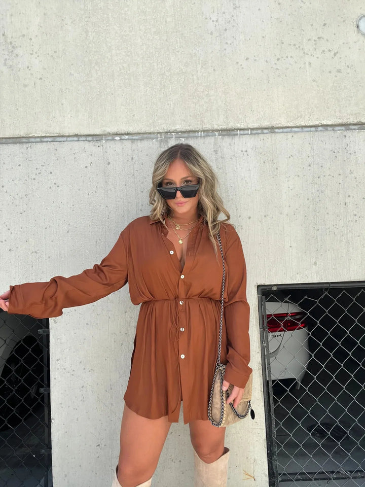 Women’s Shirt Dress with Button Front & Drawstring Waist | Mini