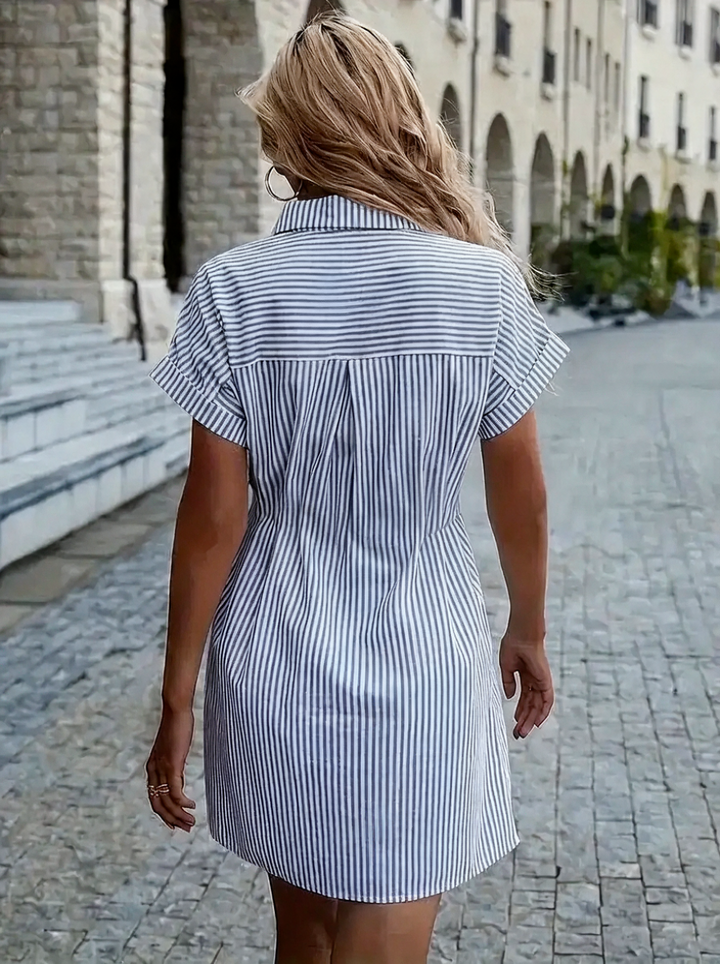Women's Shirt Dress with Fitted Waist & Collared | Striped Mini