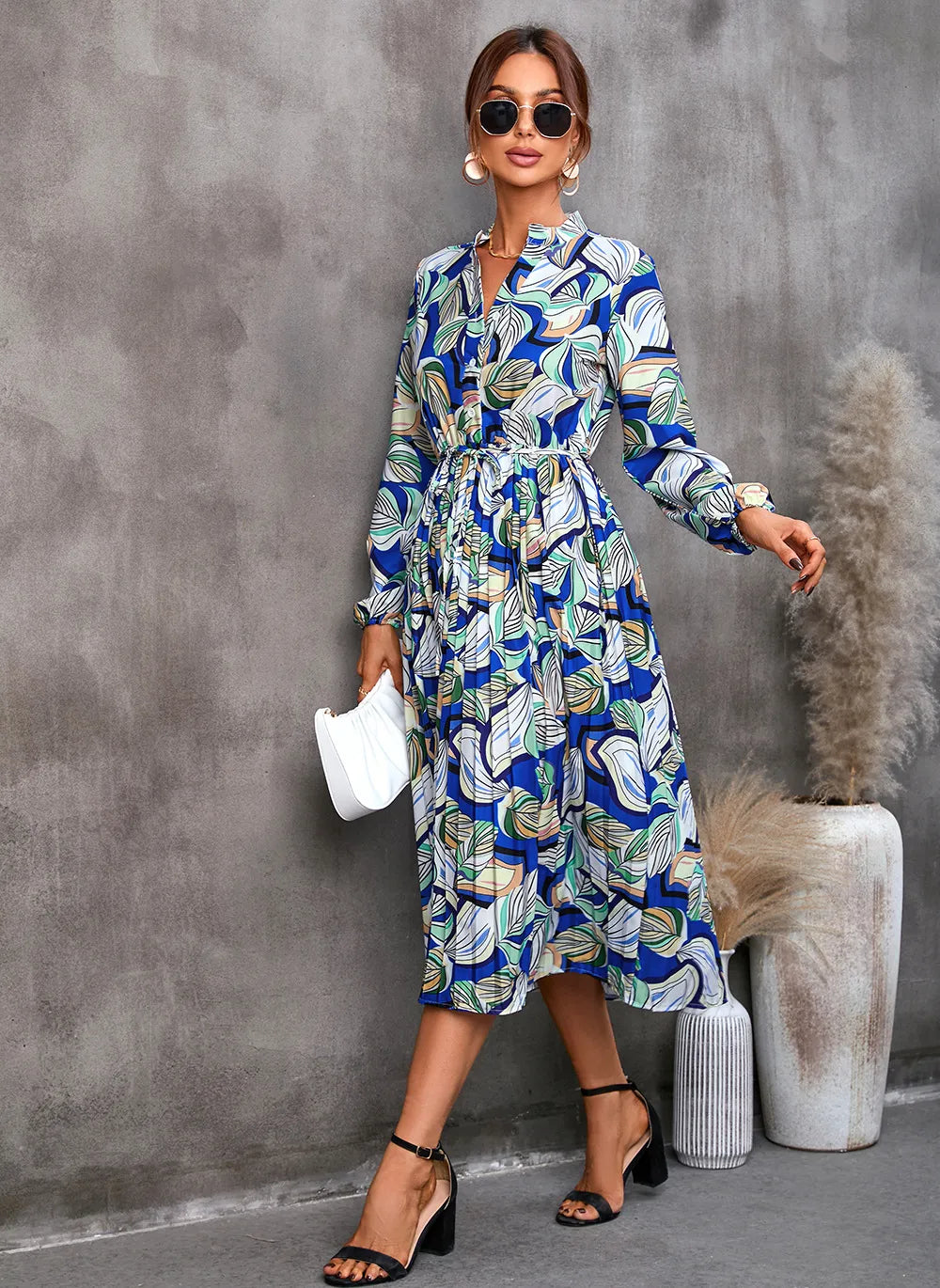 Women’s Shirt Dress with Pleated Skirt & Tie Waist | Long Sleeve