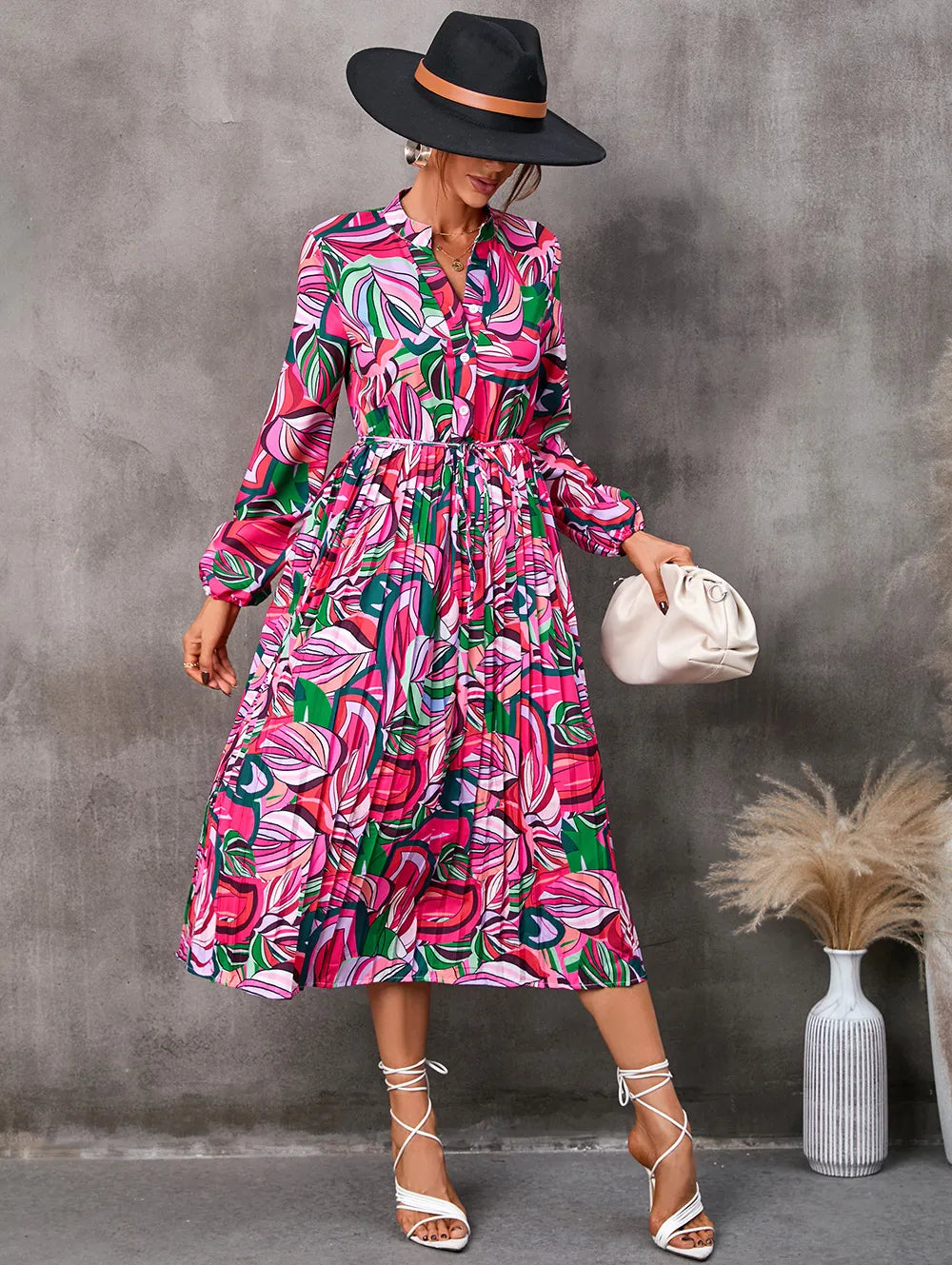 Women’s Shirt Dress with Pleated Skirt & Tie Waist | Long Sleeve