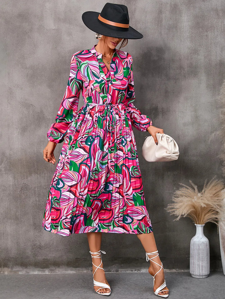 Women’s Shirt Dress with Pleated Skirt & Tie Waist | Long Sleeve