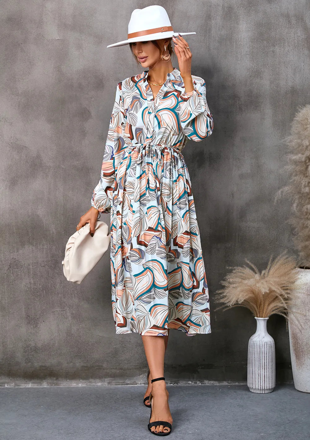 Women’s Shirt Dress with Pleated Skirt & Tie Waist | Long Sleeve