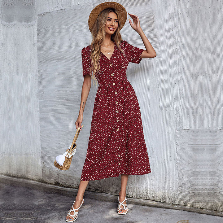 Women’s Shirt Dress with Polka Dot Print & Button Front | Midi