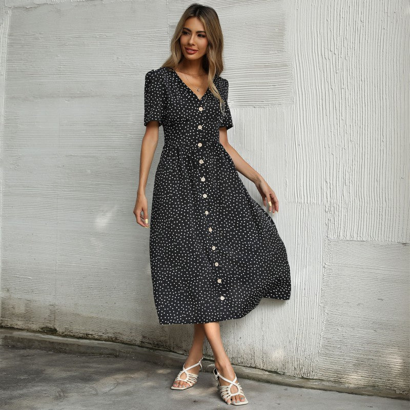 Women’s Shirt Dress with Polka Dot Print & Button Front | Midi