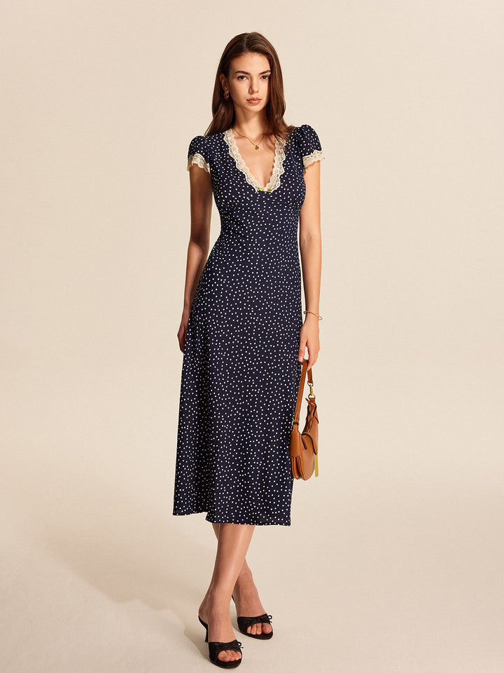 Women’s Shirt Dress with Polka Dot Print & V-Neck | Midi