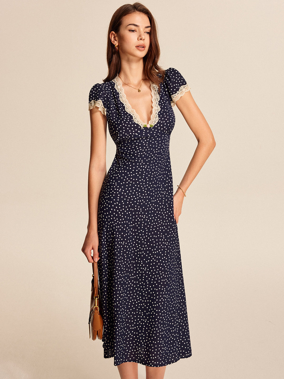 Women’s Shirt Dress with Polka Dot Print & V-Neck | Midi