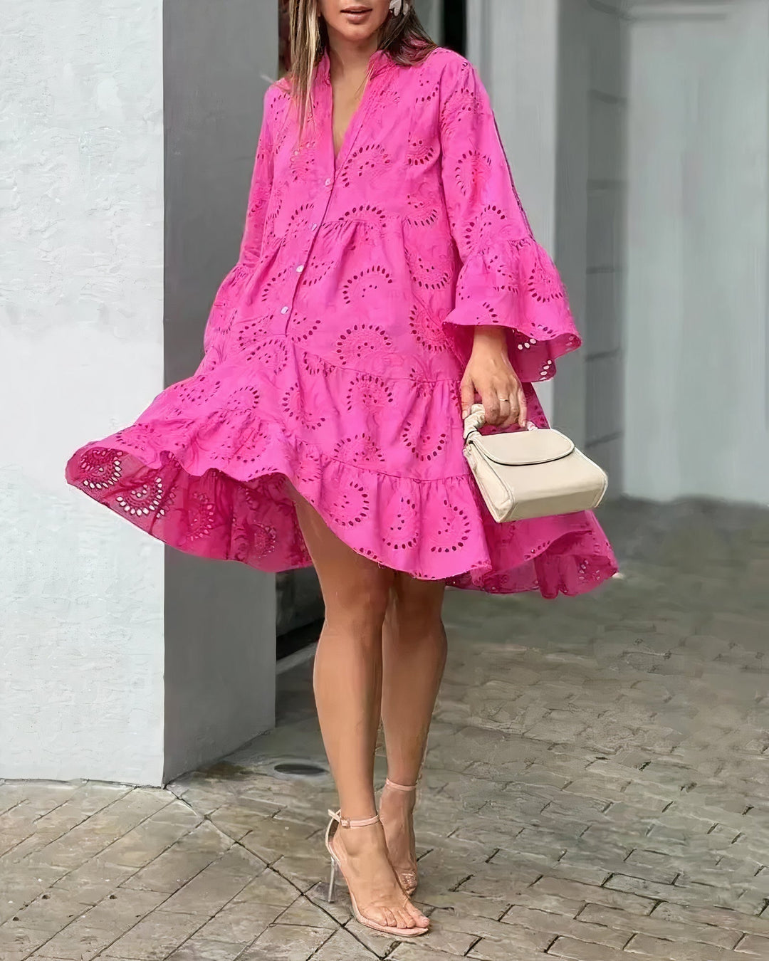 Women's Shirt Dress with Ruffle Hem | Eyelet Mini