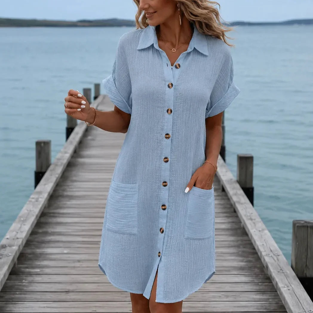 Women's Shirt Dress with Side Front Pockets | Collared Midi
