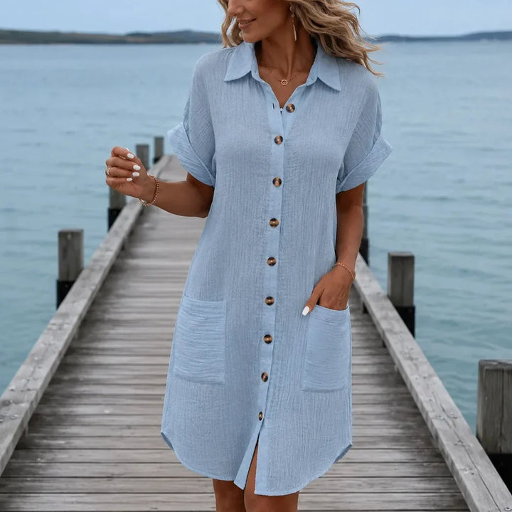 Women's Shirt Dress with Side Front Pockets | Collared Midi