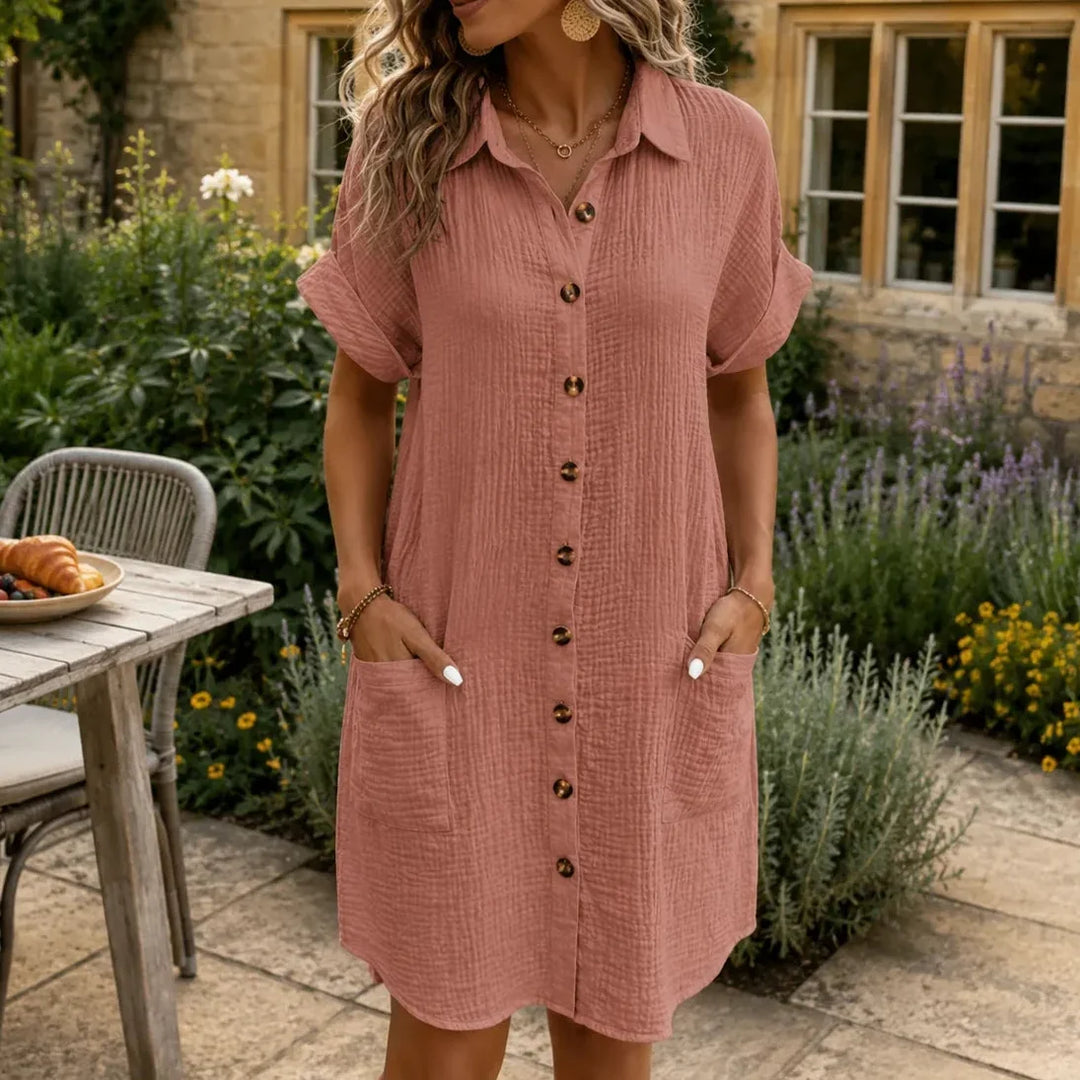 Women's Shirt Dress with Side Front Pockets | Collared Midi