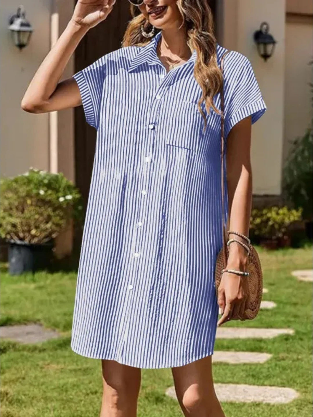 Women’s Shirt Dress with Striped Print & Chest Pocket | Mini