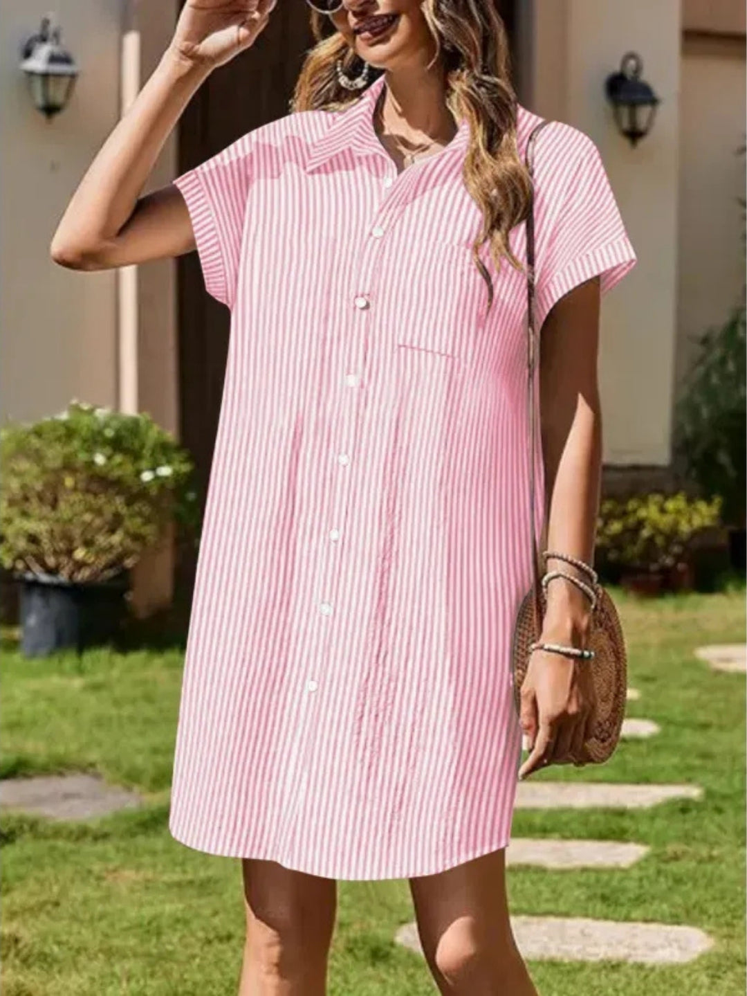 Women’s Shirt Dress with Striped Print & Chest Pocket | Mini